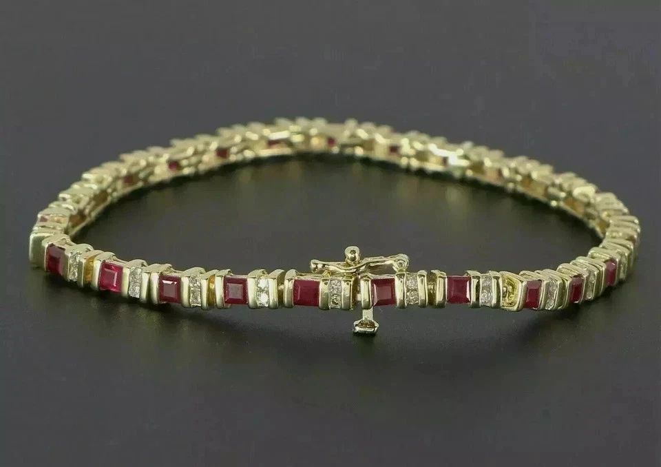 10CT Princess Cut Lab Created Ruby Men's Tennis Bracelet 14K Yell Gold Plated 7" - Image 3 of 4