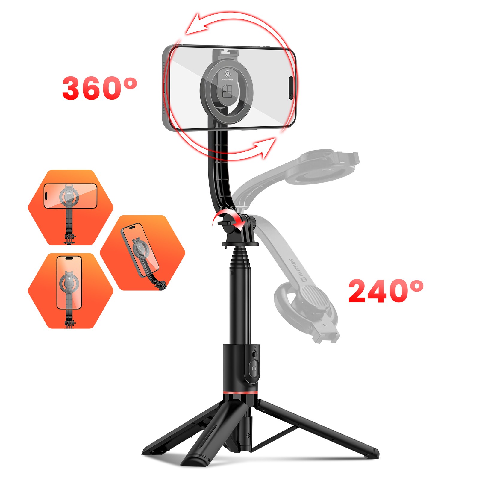 Swissten perche à selfie trépied 2 en 1 avec télécommande bluetooth noire