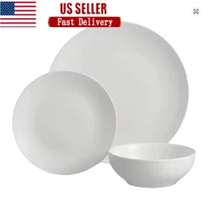 12-Piece White Stoneware Dinnerware Set Plates & Bowls Dishwasher & Microwave Sa