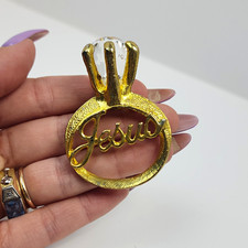 Gold Tone Round "Jesus" Text Brooch Pin with Clear Stone, Religious Theme