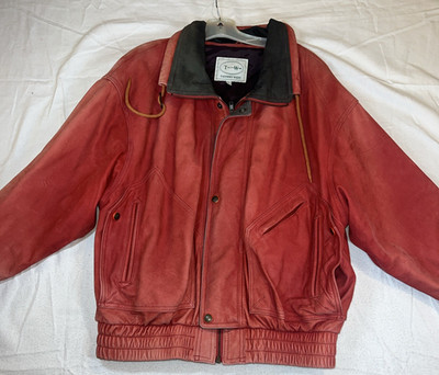 Vintage 1980S Tannery West Medium Red Bomber Leather Jacket Men s