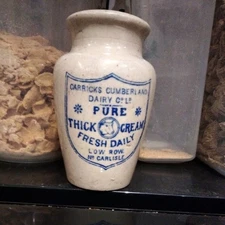  stoneware carricks  cumberland dairy, blue print cream pot low row nr carlisle 
