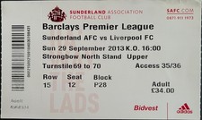 SUNDERLAND V LIVERPOOL-29/09/13-FA PREMIER LEAGUE TICKET.