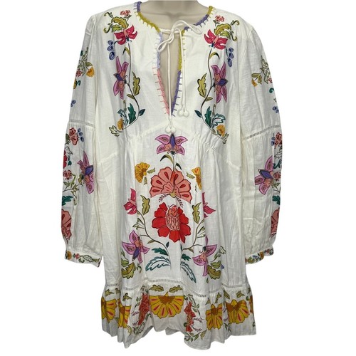 New Farm Rio Long Sleeve Pullover Floral Insects Mini Dress Off White Size Large