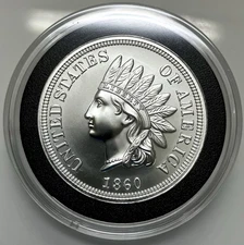 INTAGLIO MINT 1860 INDIAN CENT TRIBUTE 2 TROY OUNCE 999 SILVER ROUND IN CAPSULE
