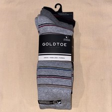 Gold Toe Men Dress Socks 3 Pairs Grey Black Striped Crew Aquafx Size 6-12.5 NEW