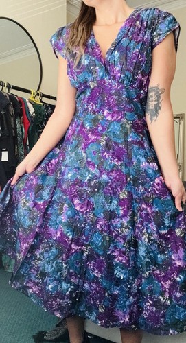 Trashy Diva Watercolours dress M Vintage pinup swing 1940 purple retro ModCloth - Picture 6 of 11