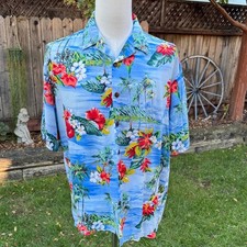 Vtg 90's Hilo Hattie Hawaiian Shirt USA Blue Island Hibiscus Palm Trees Men's XL
