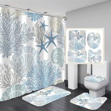 4 Pcs Beach Shower Curtain Blue Bathroom Sets with Shower Curtain and Rugs Oc...