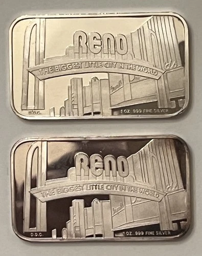 Pair Of Vintage Reno Nevada 1 Troy Ounce .999 Silver Bars.     2 Different Types