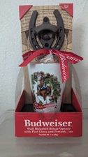 Budweiser Wall Mounted Bottle Opener with Pint Glass and Pretzels 1 oz Brand New