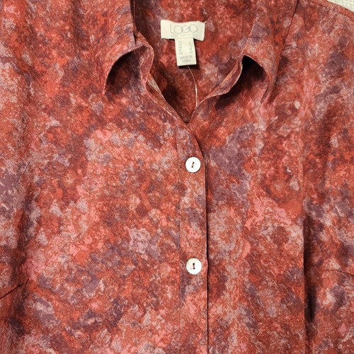 Logo Lori Goldstein Blouse Ruffle Hem Womens S Red Marbled Print Boho NWOT - Picture 2 of 10