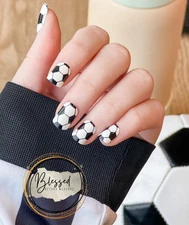 Red Aspen Press On Nails~Goal-Oriented, Gaia Short Square Black & White Soccer