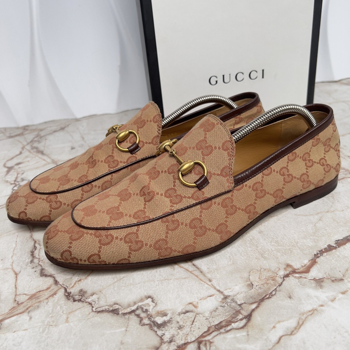 RRP$1050 Gucci Jordaan Horsebit Loafers Beige Ebony GG Canvas
