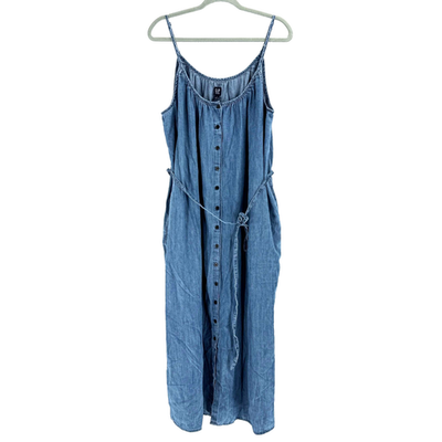 chinese dress ladies Medium Wash Chambray Denim Open Back Midi Dress