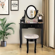 Black Makeup Table Vanity Table Set Cushioned Stool Mirror 5 Drawers