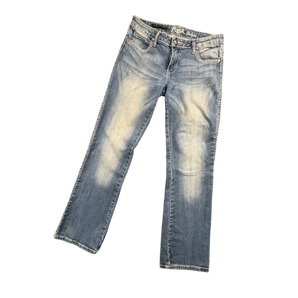 Pantalones de mezclilla Rock by Wrangler para mujer bootcut lavado medio 30x32 tiro bajo Foto 2 de 4