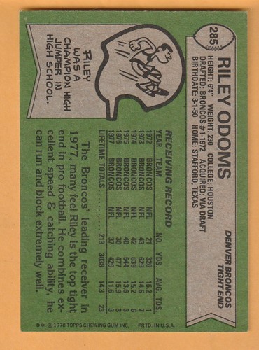Riley Odoms Denver Broncos 1978 Topps #285 Houston Cougars 13E - Imagen 2 de 2