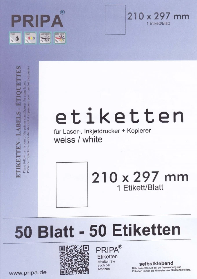 50 Etiketten A4 klebend vollflächig weiß PRIPA made in germany 6119