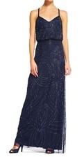 Adrianna Papell Sequin Beaded Embellished Blouson Navy Gown 4  300