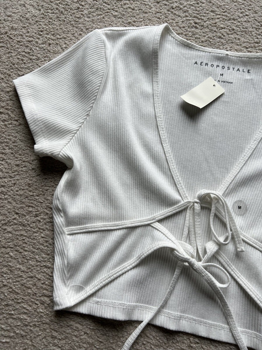 Aeropostale Ivory Open Tie Front Ribbed Crop Top Tee Shirt New
