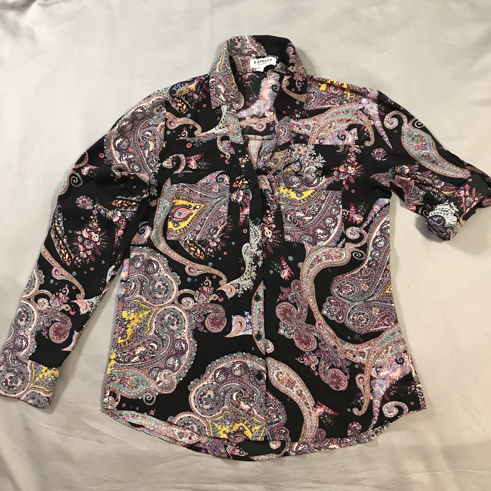 Express Blouse Womens Small Black Multicolor V Neck Roll Tab Sleeve Sheer