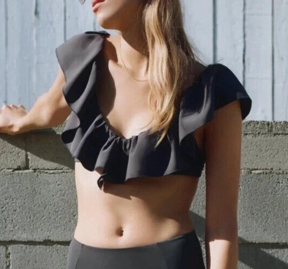 Top de baño de bikini con volantes para mujer ZARA GRIS talla XL NUEVO CON ETIQUETAS Foto 2 de 4