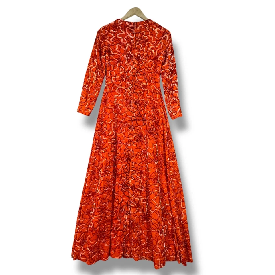 Vintage 70s Maxi Dress Floral Velvet Long Sleeve V Neck Retro Hippie Womens S - Image 4 of 4