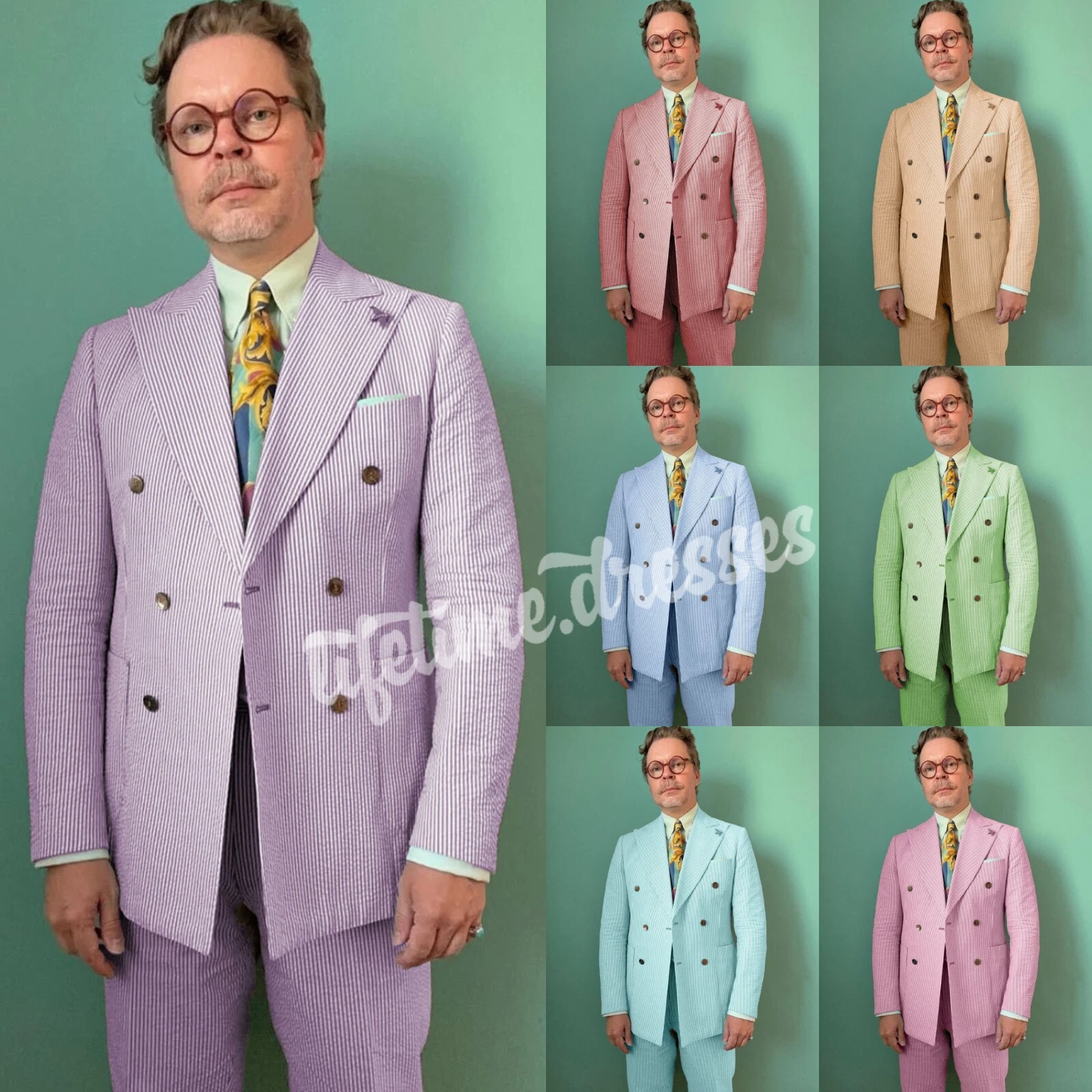 Seersucker Mens' Suit Peak Lapel Summer Daily Formal 2Pcs Workwear Jacket Blazer