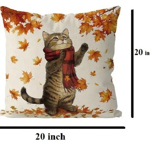 Whimsical Autumn Fall Cat Pillow Cover Maple Leaves Scarf Zipper LARGE 20"x20" - Image 2 of 3