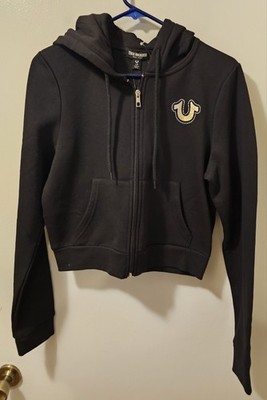True Religion Wings Shrunken Zip Up Hoodie Black Women's Size Large NWT