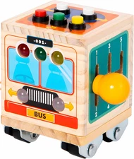 Wooden Activity Cube for Baby,Bus Busy Cube Montessori Travel Toys for Toddler 1
