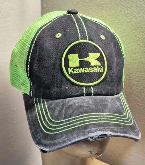 Kawasaki Hat Distressed Black Deluxe Stone Washed & Neon Green Mesh Hat