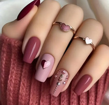 24 Pcs Press-on Nails Medium Coffin Shades of Pink with Hearts  Gold Accents