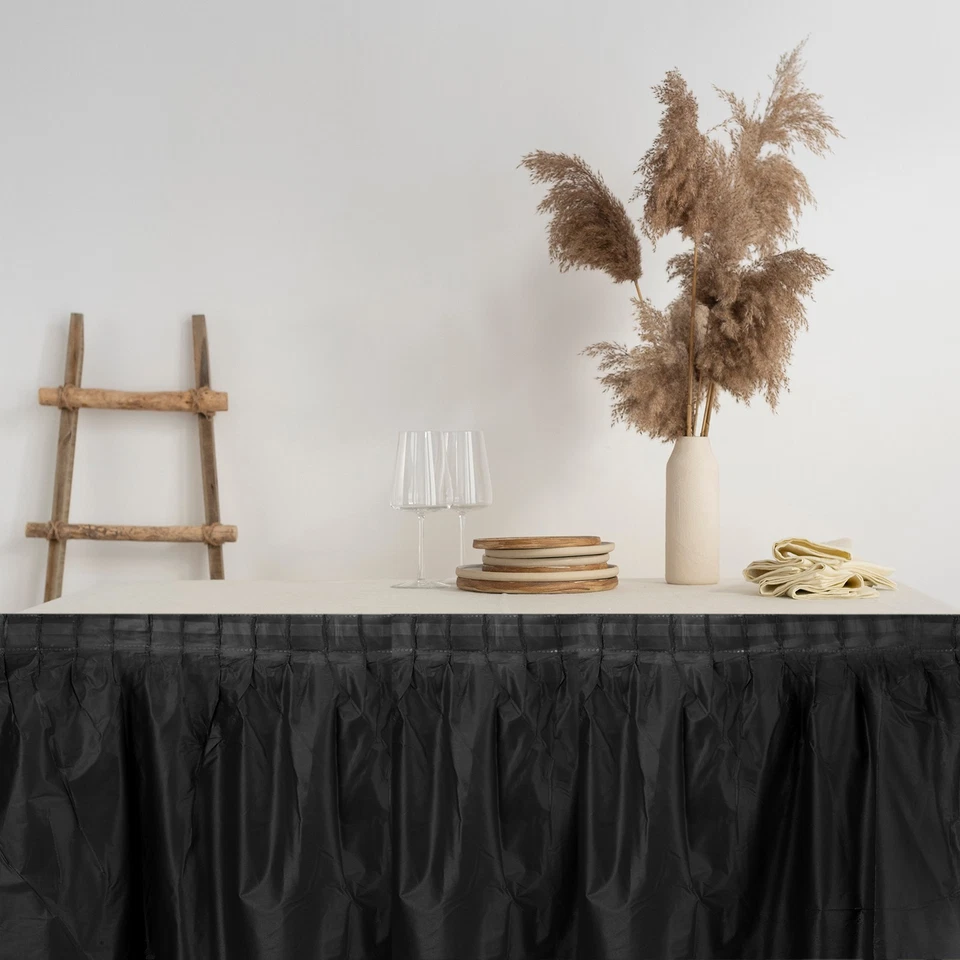 Paquete de 1 faldones de mesa de plástico negro, 29 pulgadas x 14 pies faldones de mesa rectangulares Foto 4 de 4