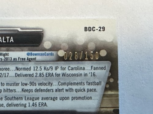 Bowman Draft 2017 cromo refractor azul #/150 Freddy Peralta #BDC-29 Brewers RC - Imagen 3 de 3