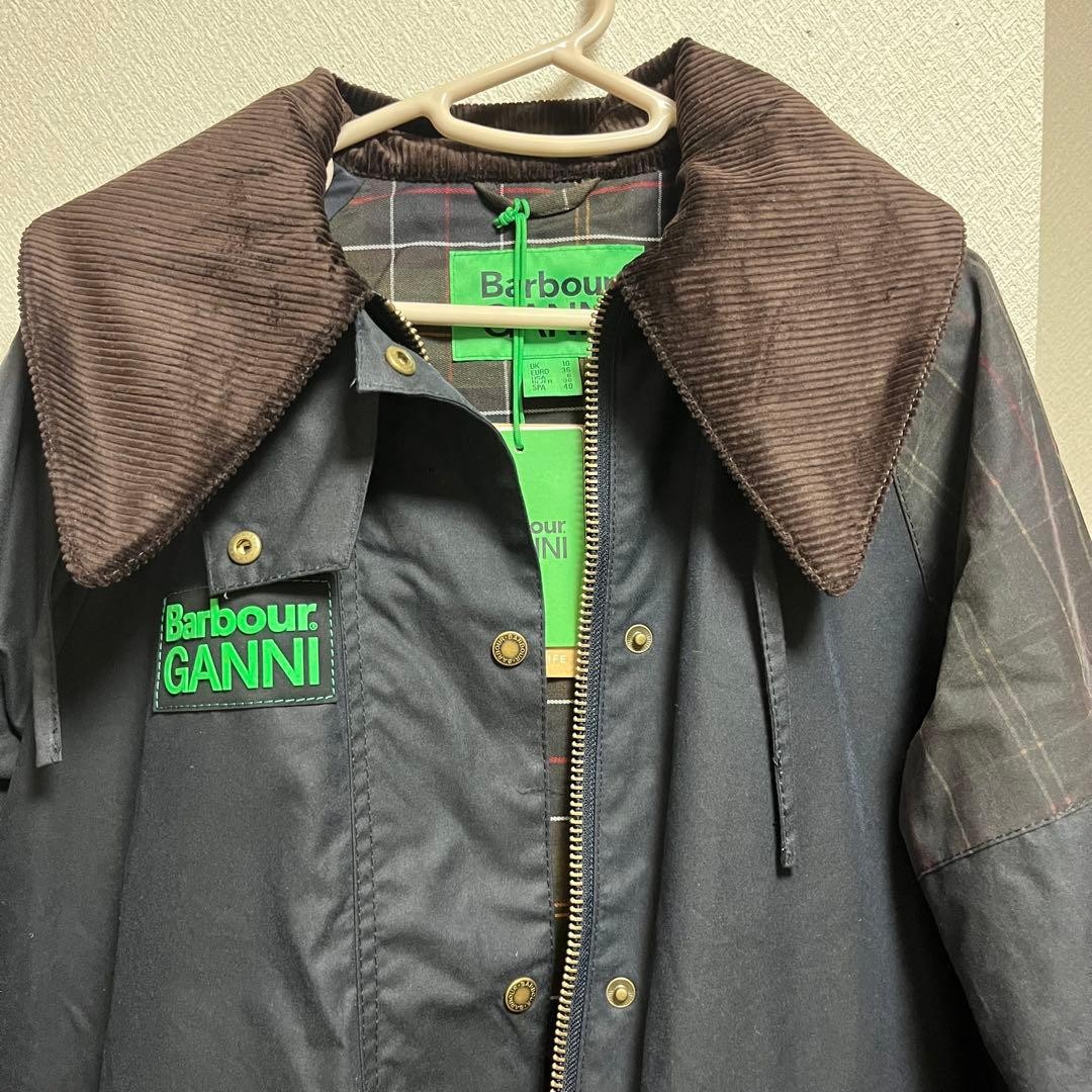 BARBOUR X GANNI Trench Hooded Long Coat Navy Burghley Waxed Parka Size 10 NEW image 7