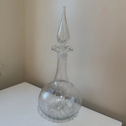 Vintage Blenko #37 Clear Crackle Glass Decanter With Crackle Stopper.