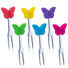 6 Piece Cocktail Forks Appetizer Stainless Steel, Silicone Butterfly Fruit Set