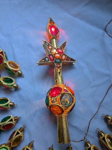 JEWELED! Vintage Ornament & Lighted Treetopper Set Gold Plastic Rhinestones MCM - Picture 3 of 13