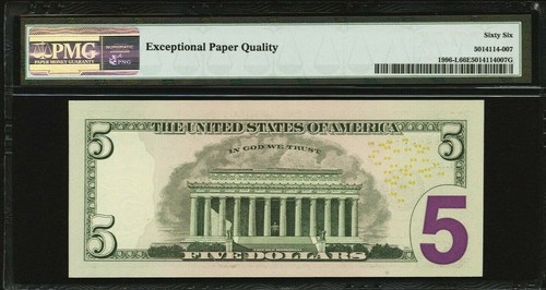 FR1996-L 2013 $5 Radar 43499434 Federal Reserve Note PMG 66 EPQ - Picture 2 of 2