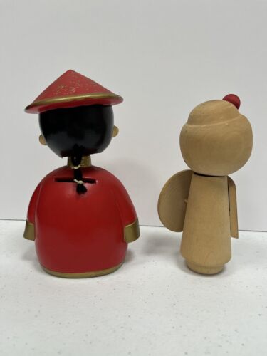 2er Set Vintage asiatische Holzfiguren, Kawaii Kokeshi und Bobble Head Bank - Bild 3 von 7