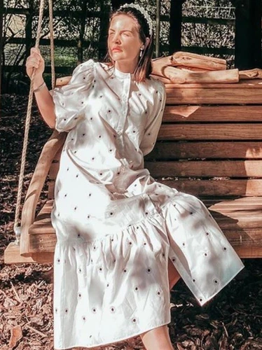 ZARA OYSTER WHITE PUFF SLEEVE MARIE FLORAL EMBROIDERED POPLIN RUFFLED MIDI DRESS - Picture 11 of 24