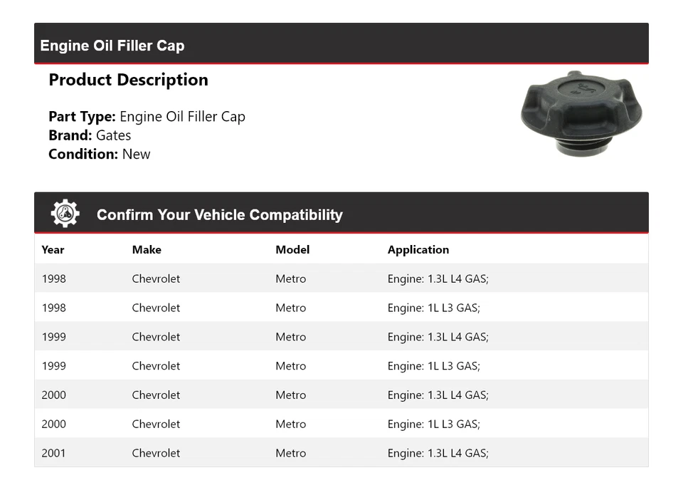 Puertas de tapa de llenado de aceite para motor Chevrolet Metro 1998-2001 1999 2000 Foto 2 de 4