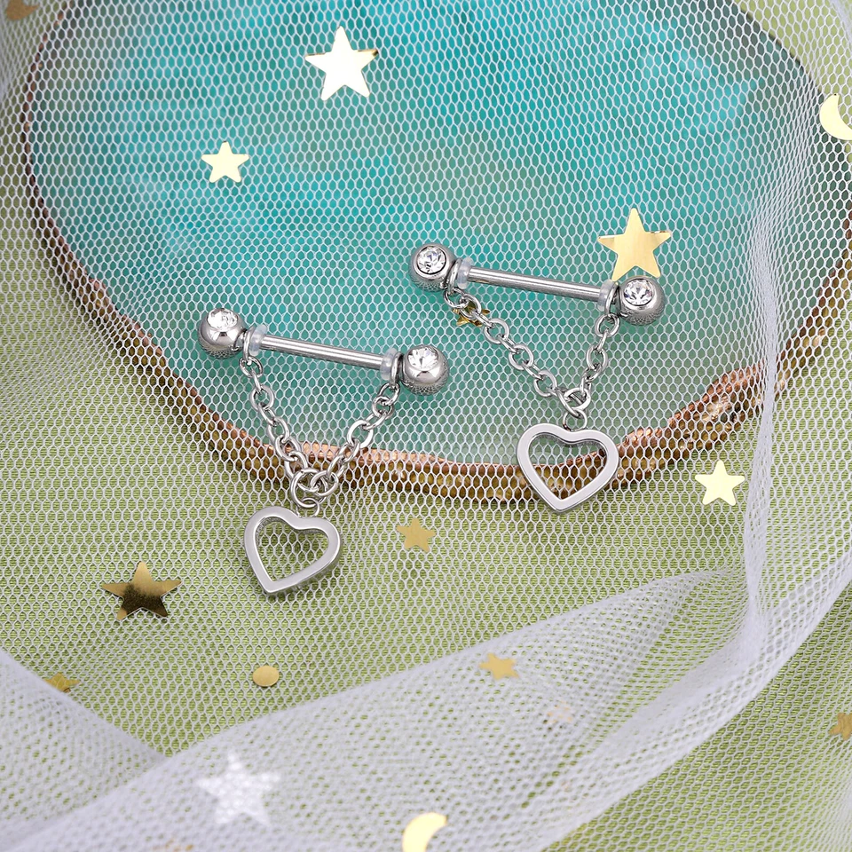 2PCS 14G Surgical Steel Nipple Ring Chain Nipple Shield Tougue Rings Barbell US - Image 3 of 4