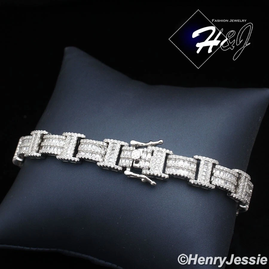 BRAZALETE DE ESLABONES DE CADENA BAGUETTE CZ BAGUETTE DE PLATA ESTERLINA 925 SÓLIDA 8" PARA HOMBRE*B16 Foto 2 de 4