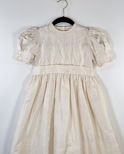 Strasburg Beige Midi Beaded Puff Sleeve Bow Silk Flower Girls Dress Size 7Y - Picture 6 of 15