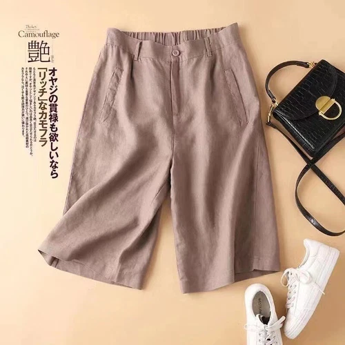 Pantaloncini donna lunghi larghi cotone lino lunghezza ginocchio con tasche leggeri  - Foto 1 di 19
