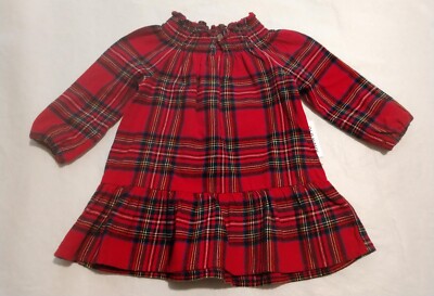 NWT Old Navy Red Plaid Flannel Smocked Long Sleeve Dress 6-12