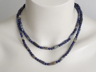 Chaîne Sodalite Lapis Lazuli Gemme Cylindre Boules 45,2 G / Longueur ca.86 CM - Photo 1/4